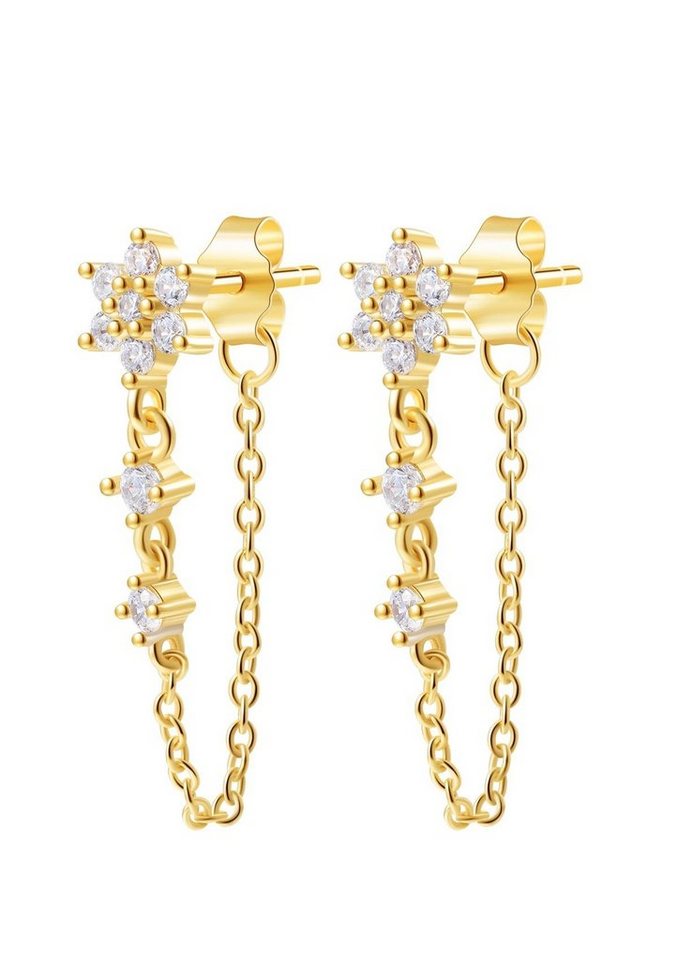 Hey Happiness Paar Ohrhänger Silber 925 Damen Zirkonia, Kette Ohrringe 18 Roségold Vergoldet, Ohrstecker Blume Kristalle, Tropfen Ohrringe hängend, Brautschmuck von Hey Happiness
