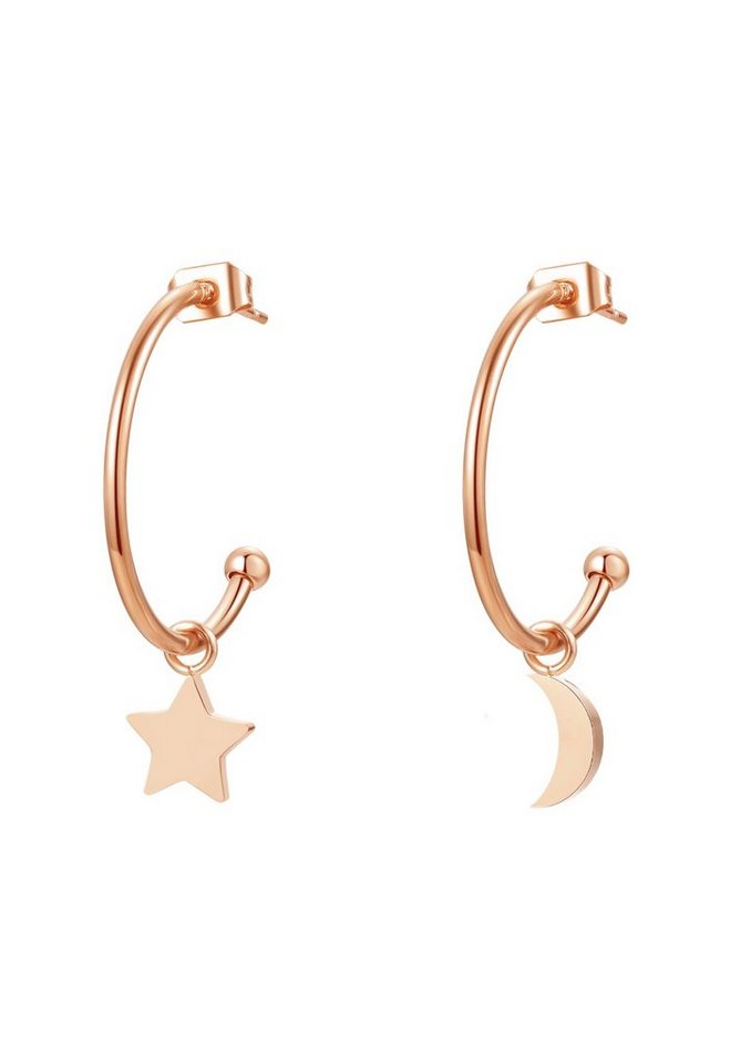 Hey Happiness Paar Ohrhänger Mond Stern Creolen Damen hängend, 18K Gold Roségold, Edelstahl Ohrringe offen rund baumelnd, wasserfest von Hey Happiness