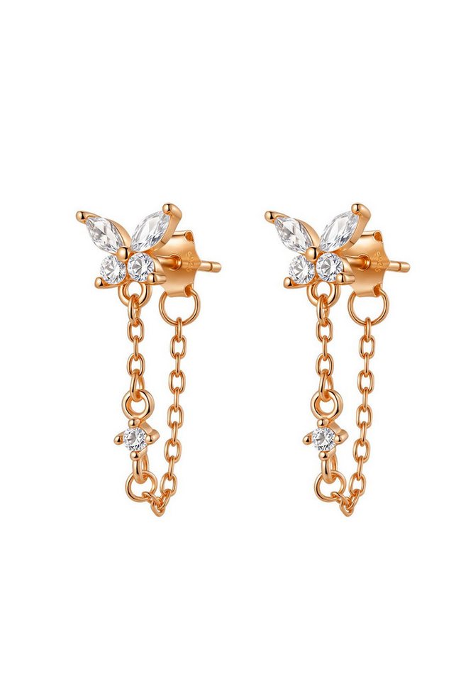 Hey Happiness Paar Ohrhänger Schmetterling Kettenohrringe, mit Zirkonia, 925 Silber Ohrstecker mit Ketten vergoldet, Gold & Roségold von Hey Happiness