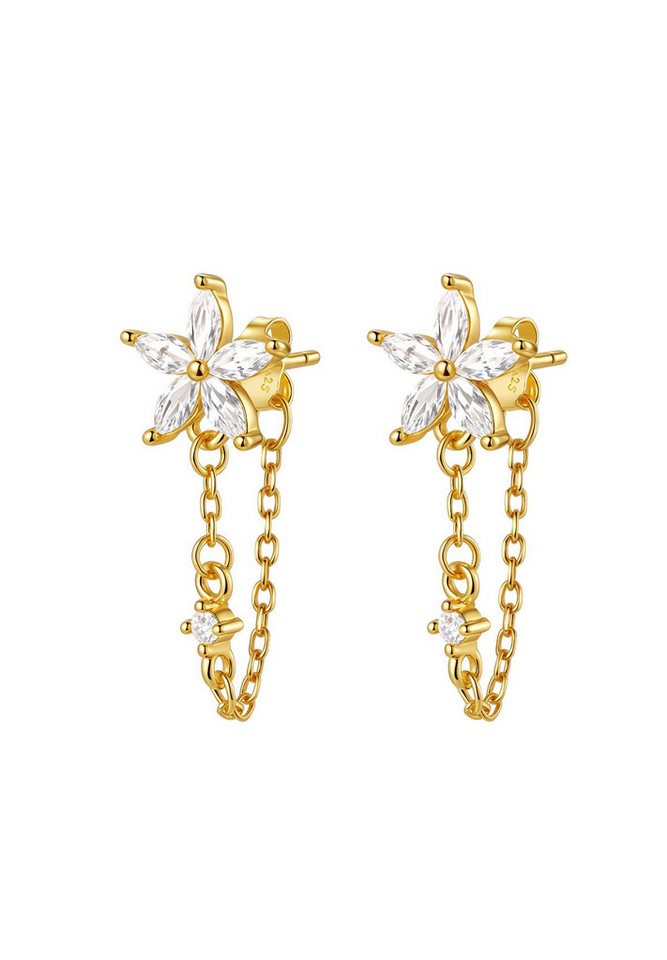 Hey Happiness Paar Ohrhänger Zirkonia Blumen Kettenohrringe, 925 Silber, Feine Hängeohrringe mit Kette vergoldet, Gold & Roségold von Hey Happiness