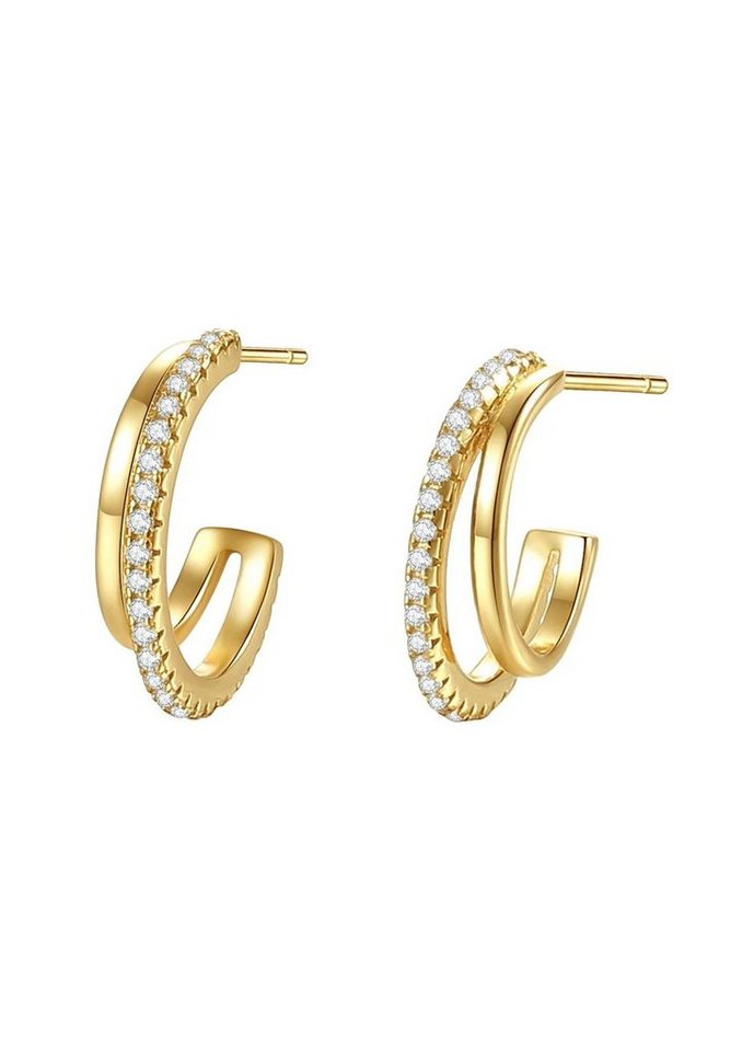 Hey Happiness Paar Ohrstecker Doppelt Kristalle, Vergoldete 925 Silber Creolen, Offene Silber Damen Ohrringe mit Zirkon, hyppoallergen von Hey Happiness