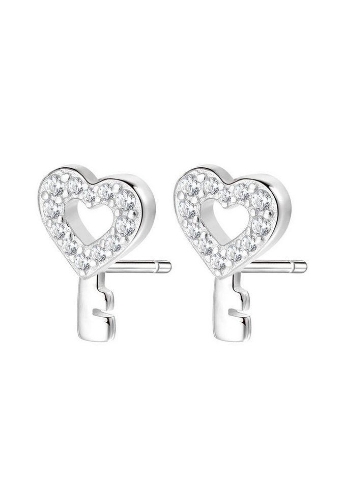 Hey Happiness Paar Ohrstecker Herz Schlüssel Zirkonia, Silber Ohrringe klein, 925 Silber Ohrringe Damen Herzchen Liebe Kristall, 18K vergoldet von Hey Happiness