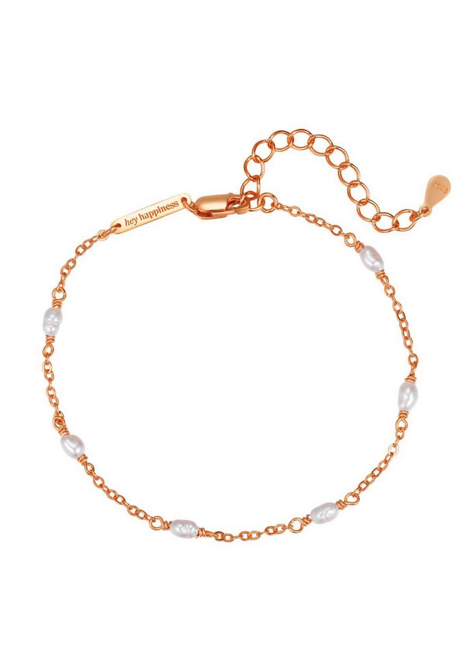Hey Happiness Perlenarmband Süßwasserperlen Roségold 18K Vergoldet, Armkette 15,5-20 cm, Armband 925 Silber Damen Perlen weiß, Brautschmuck von Hey Happiness