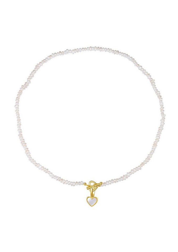 Hey Happiness Perlenkette Süßwasserperlen T-Steg Verschluss, Herz Anhänger 18K vergoldet, 925 Silber Choker Herz Liebe Anhänger Clip&Mix, Brautschmuck von Hey Happiness