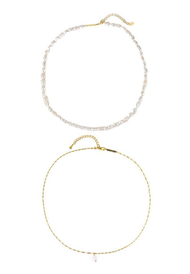 Hey Happiness Perlenketten-Set Damen 925 Silber Perle weiß hängend, 18K Vergoldet, 2er Layer Set Silberketten Süßwasserperle Anhänger, Brautschmuck von Hey Happiness