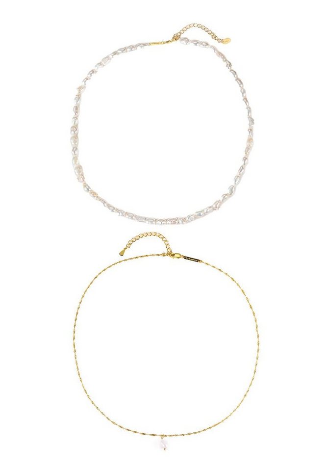 Hey Happiness Perlenketten-Set Damen 925 Silber Perle weiß hängend, 18K Vergoldet, 2er Layer Set Silberketten Süßwasserperle Anhänger, Brautschmuck von Hey Happiness