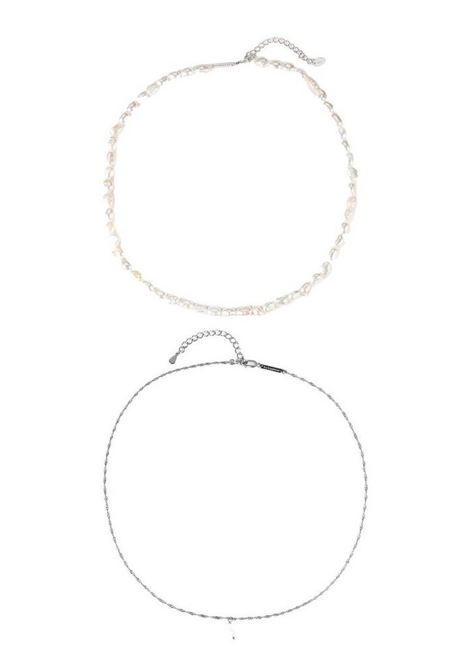 Hey Happiness Perlenketten-Set Damen 925 Silber Perle weiß hängend, 18K Vergoldet, 2er Layer Set Silberketten Süßwasserperle Anhänger, Brautschmuck von Hey Happiness