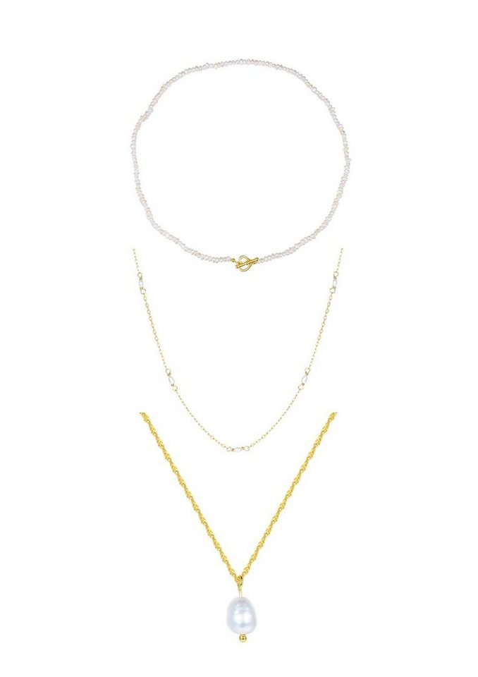 Hey Happiness Perlenketten-Set 3er Layer Silber 925 Damen Perle weiß, 18K Gold (Set), Halsketten Perle hängend, Perlen Choker kurz, Silber Brautschmuck von Hey Happiness