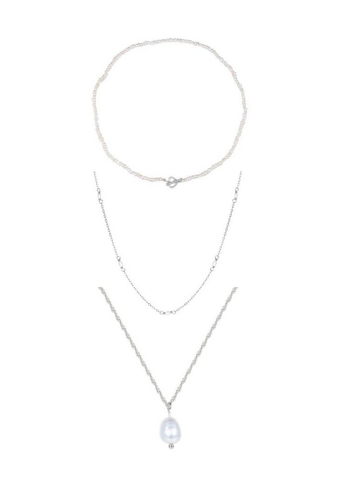 Hey Happiness Perlenketten-Set 3er Layer Silber 925 Damen Perle weiß, 18K Gold (Set), Halsketten Perle hängend, Perlen Choker kurz, Silber Brautschmuck von Hey Happiness