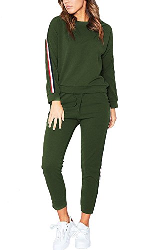 Hey ~ Yo Damen Hausanzug Langarm Rundhals Seite Gestreift Trainingsanzüge Jogginganzug Jumpsuit Wellnessanzug Sportanzug Pullover Streetwear Sweatshirt (Grün, 38) von Hey ~ Yo