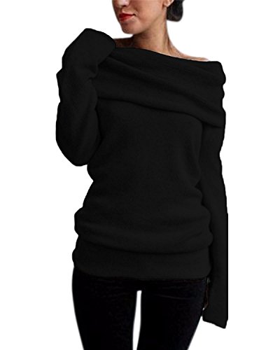 Hey ~ Yo Damen Herbst Winter Strick Off-Shoulder Sweatshirt Stretch Pullover Sweater Tunika Asymmetrisch Pulli Langarmshirt (Schwarz, 40) von Hey ~ Yo