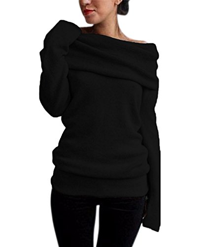 Hey ~ Yo Damen Herbst Winter Strick Off-Shoulder Sweatshirt Stretch Pullover Sweater Tunika Asymmetrisch Pulli Langarmshirt (Schwarz, 42) von Hey ~ Yo