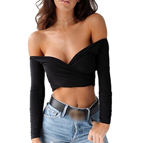 Hey ~ Yo Damen Mode kurz Tops Langarm Schulterfreie Oberteile T-Shirt Sweatshirt Frauen Party Oberteil Bustier Crop Tops (Schwarz, 36) von Hey ~ Yo