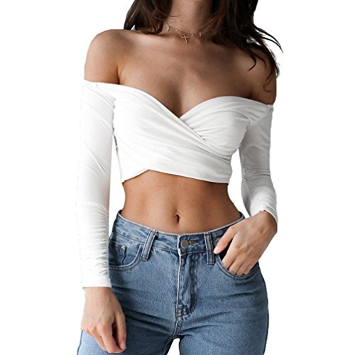 Hey ~ Yo Damen Mode kurz Tops Langarm Schulterfreie Oberteile T-Shirt Sweatshirt Frauen Party Oberteil Bustier Crop Tops (Weiß, 36) von Hey ~ Yo