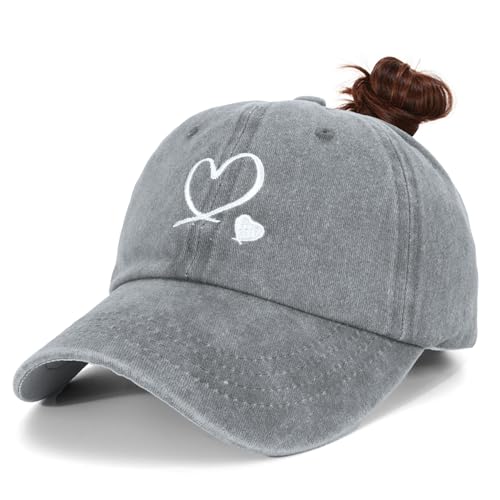 HeyCaps Damen Baseball Cap mit Herzstickerei aus Baumwolle Sommer Kappe mit Zopfloch Sonnenschutz Verstellbar Freizeit Hut Outdoor von HeyCaps