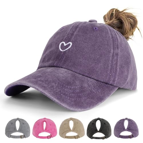 HeyCaps Pferdeschwanz Baseball Cap Damen Verstellbare Baseballkappe Vintage Mützen Sonnenschutz Basecap Mit Zopf Loch für Sommer Sport von HeyCaps