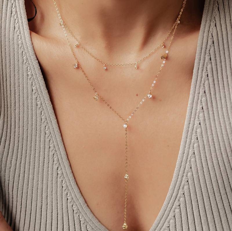 Ketten Set Damen | Y Kette Silber 925 Mit Zirkonia Anhänger 2Er Layer Gold Brautschmuck von HeyHappinessJewelry