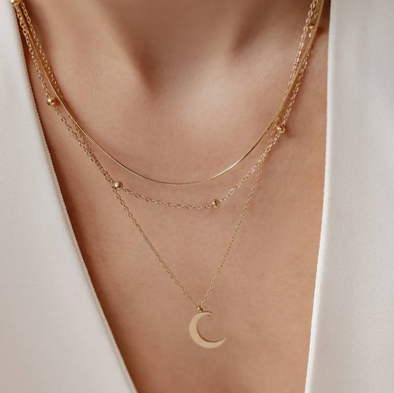 Layering Mond Ketten Set | 2Er-Pack Goldene Halsketten Halbmond Halskette Zweireihige Kugelkette Doppelkette Mondanhänger von HeyHappinessJewelry