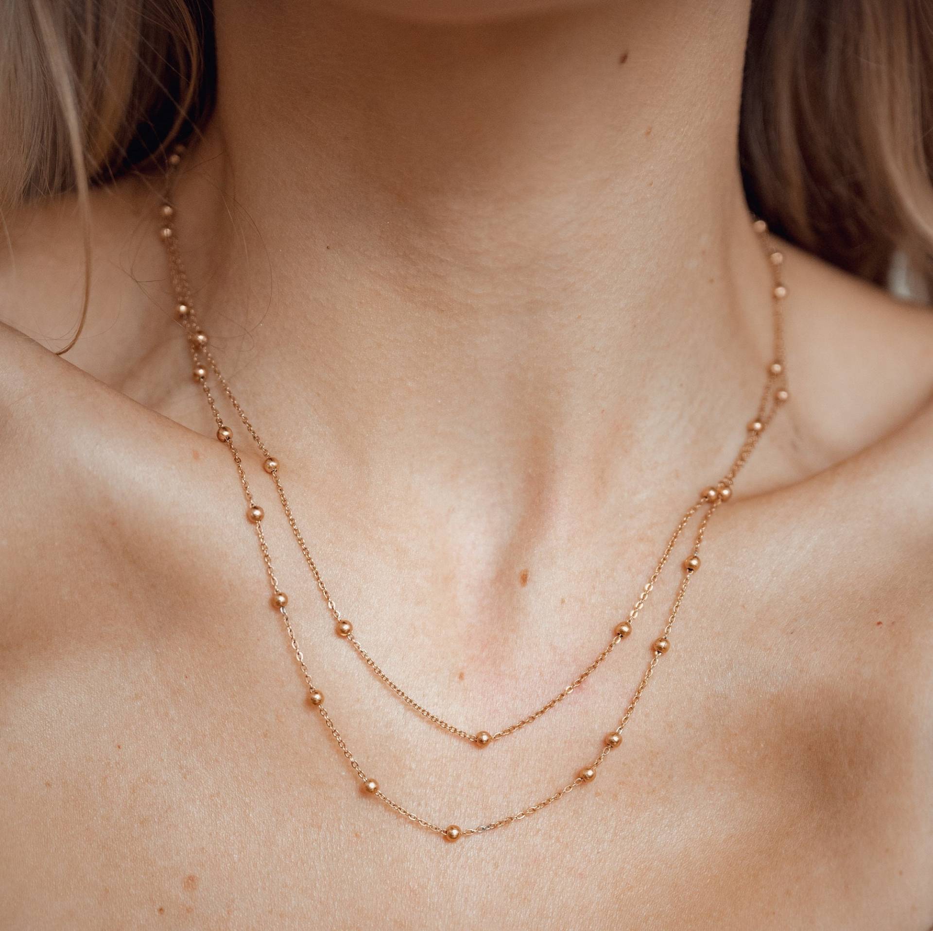 Mehrreihige Kette Rosegold | Zweireihige Satellite Vergoldet Doppelkette Silber Layered Halskette von HeyHappinessJewelry