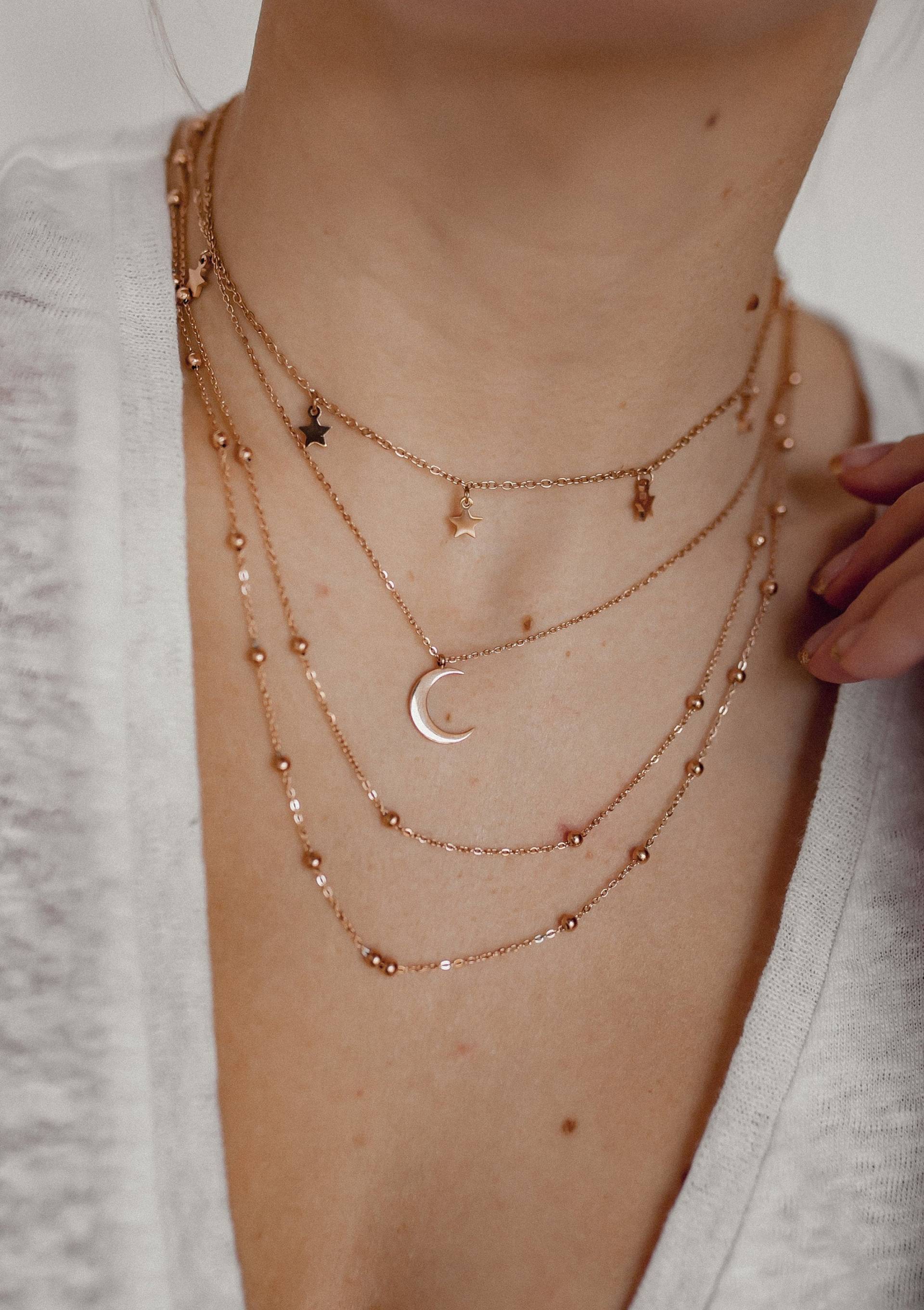 Multilayer Ketten Set Rosegold | 3 - Halbmond Kette, Zweireihige Kette Und Mit Stern Anhängern von HeyHappinessJewelry