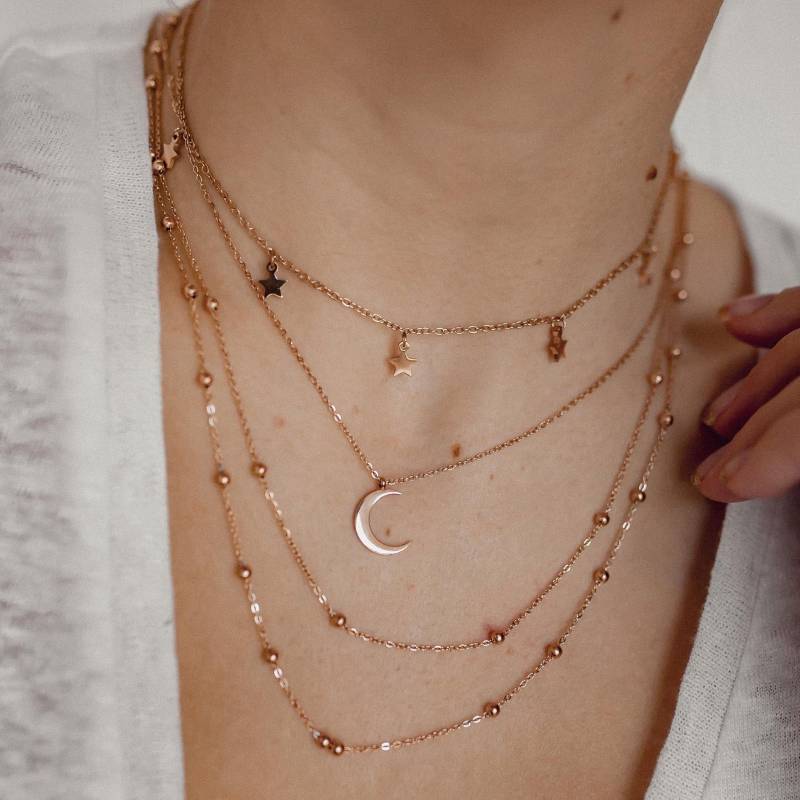 Multilayer Ketten Set Rosegold | 3 - Halbmond Kette, Zweireihige Kette Und Mit Stern Anhängern von HeyHappinessJewelry
