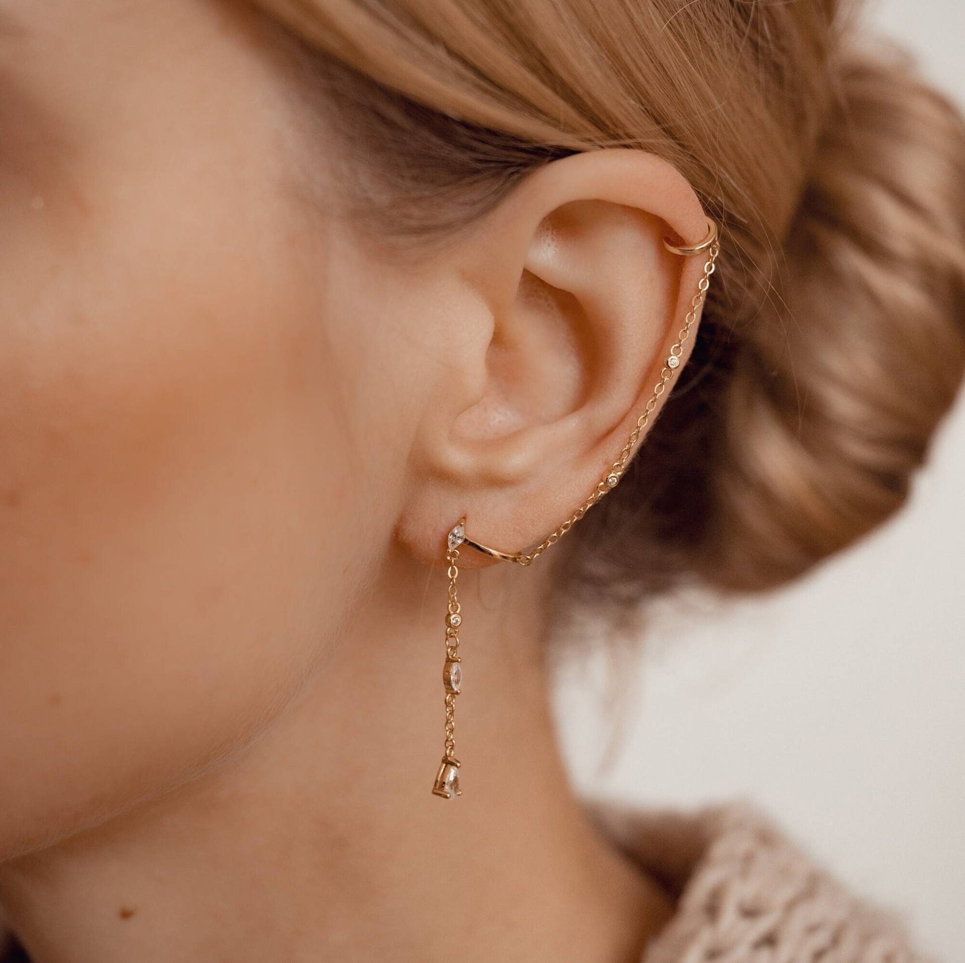 Ohrring Mit Kettchen | Ohrklemme Silber 925 Ohrmanschetten Gold Fake Helix Ear Cuff Doppel von HeyHappinessJewelry