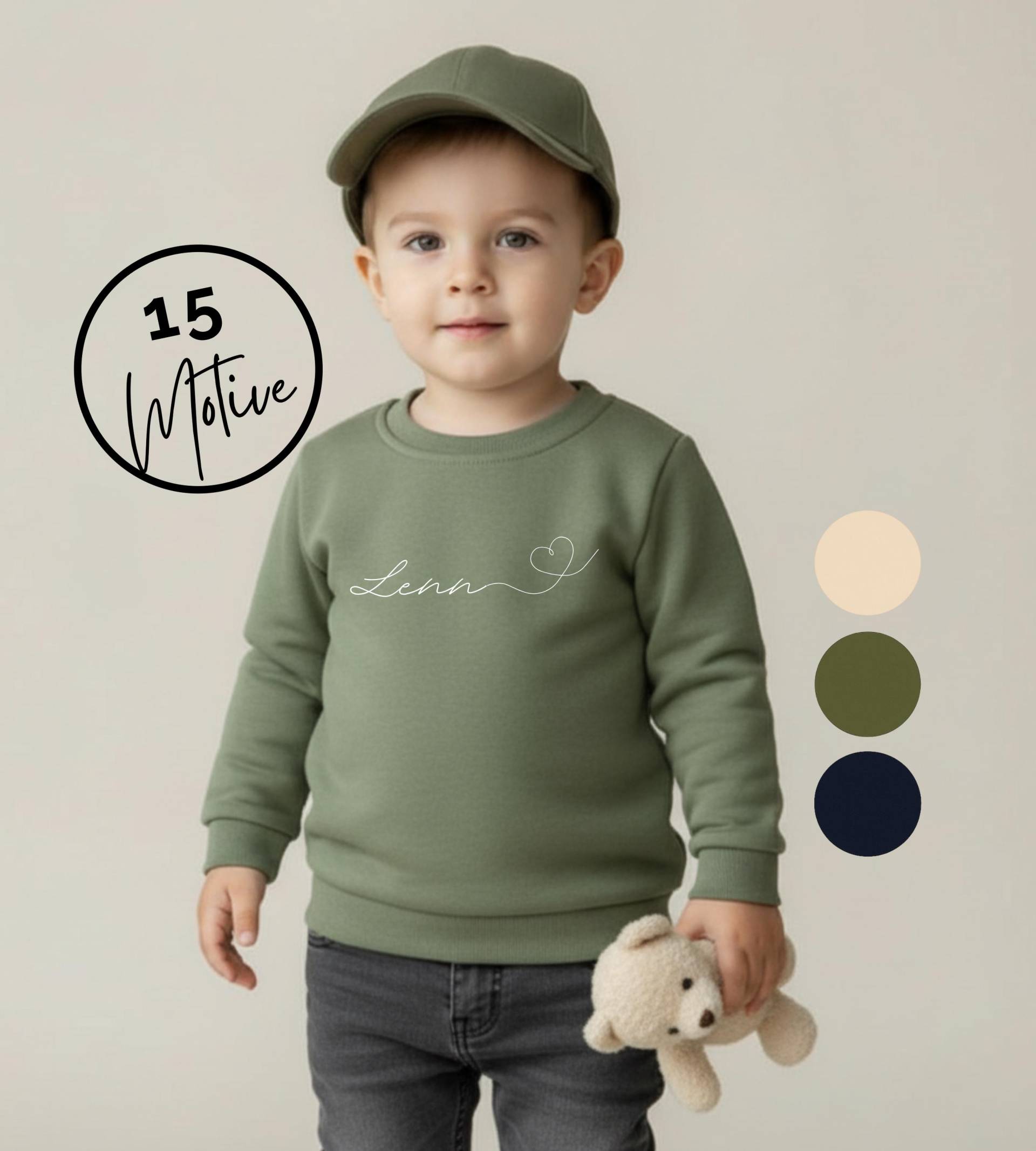 Personalisierter Kinder-Sweater Mit Name Und Motiv | Bio-Baumwolle & Rpet 15 Motive Beige Grün Navy von HeyLennyDesigns
