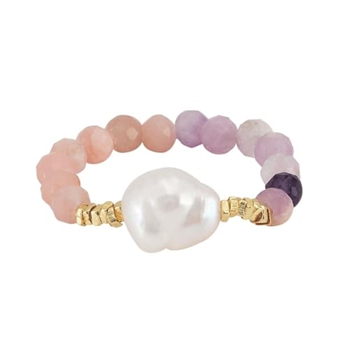 HeyMeili Elastischer Ring mit Perlen & Phosphossideritis & Opal Rosa, Böhmen Naturstein Ring Einstellbar für Damen Mädchen von HeyMeili