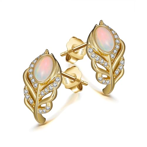 HeyMeili Flügel Feder Ohrringe mit Zirkonia 925 Sterling Silber Vergoldet Natürlicher Opal Ohrstecker Ohrschmuck Damen Mädchen Frauen von HeyMeili