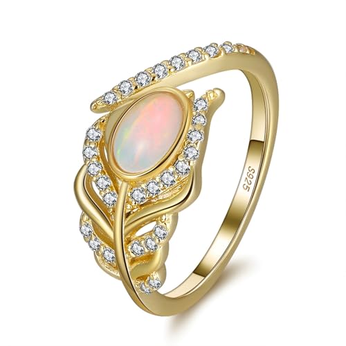 HeyMeili Flügel Feder Ring mit Zirkonia 925 Sterling Silber Vergoldet Natürlicher Opal Ring Verstellbare Ringe Schmuck Damen Mädchen Frauen von HeyMeili