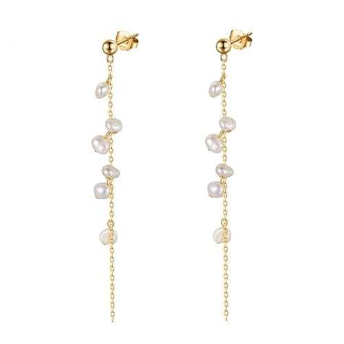 HeyMeili Vergoldet 925 Sterling Silber Einfädler Ohrringe Kette für Damen Lange Ohrringe Ohrhänger Hängend Ohrringe Quaste mit Barockperlen von HeyMeili