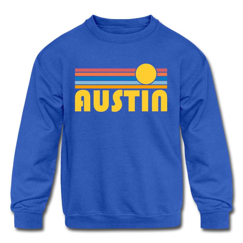 Austin, Texas Jugend Sweatshirt, Retro Sunrise Austin Sweatshirt von HeyMountains