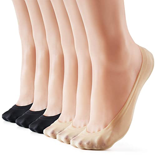 HeyUU 6Paar Damen Füßlinge Atmungsaktiv Baumwolle Unsichtbare Sneakers Socken mit Rutschfest Silikon 3X Schwarz+3X Beige 39-42 von HeyUU