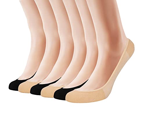 HeyUU 6Paar Damen Füßlinge Ballerina Baumwolle unsichtbare Sneakers Socken mit Rutschfest Silikon No Show Halbsocken Schwarz+ Beige 39-42 von HeyUU