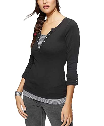 HeyUU Damen 2 in 1 Langarmshirt Tshirt Oberteil Top Shirt mit geöffneter Zierknopfleiste und Turn-up Ärmeln Schwarz L von HeyUU