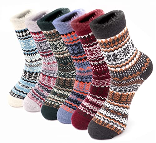 HeyUU Damen 6 Paar Wollsocken Wintersocken Dicke Stricksocken Weiche Warme Vintage Bunte Thermosocken Atmungsaktive GR.36-42 Mehrfarbig-6003 von HeyUU