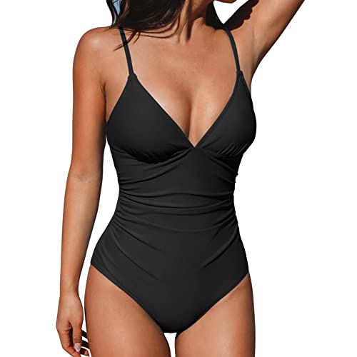 HeyUU Damen Badeanzug Triangel V Ausschnitt Bauchweg Raffungen Einteilige Bademode Bademode Swimsuit Schwarz XXL von HeyUU