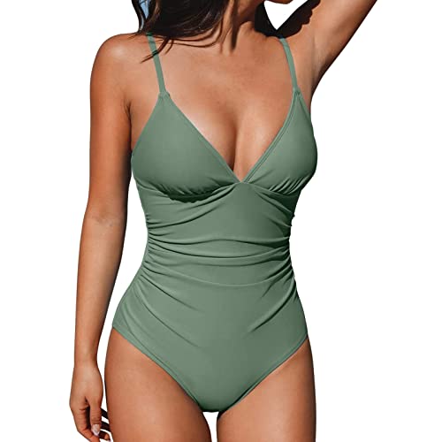 HeyUU Damen Badeanzug V Ausschnitt Bauchweg Raffungen Einteilige One Piece Bademode Bademode Swimsuit Armygrün L von HeyUU