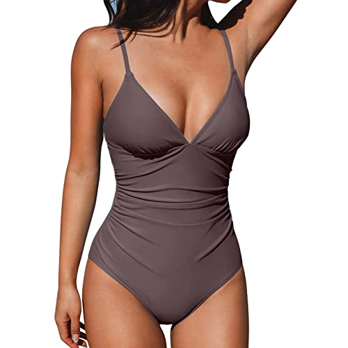 HeyUU Damen Badeanzug V Ausschnitt Bauchweg Raffungen Einteilige One Piece Bademode Bademode Swimsuit Kaffee M von HeyUU