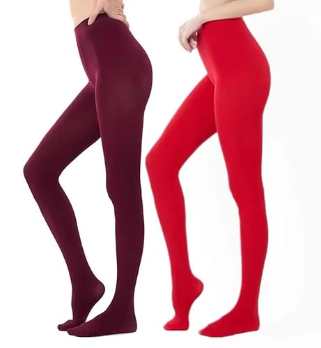 HeyUU Damen Bunte Blickdichte Strumpfhose 80 DEN Microfaser Stützstrumpfhose(Burgundrot/Rot, XS-S) von HeyUU