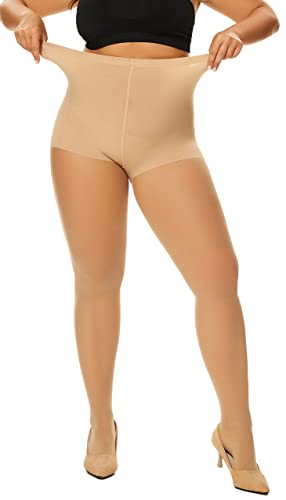 HeyUU Damen Plus Größen Strumpfhose seidige transparente Tummy Control Seidenstrumpfhose mit hoher Taille Beige von HeyUU