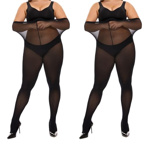 HeyUU Damen Strumpfhose Plus Größen hohe Taille halb transparent 2x Schwarz XL von HeyUU