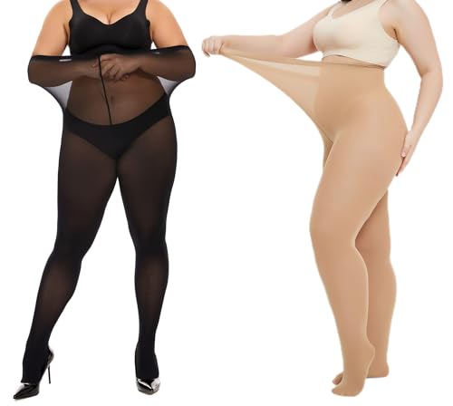 HeyUU Damen Strumpfhose Plus Größen hohe Taille halb transparent Schwarz+Hautfarbe 3XL von HeyUU