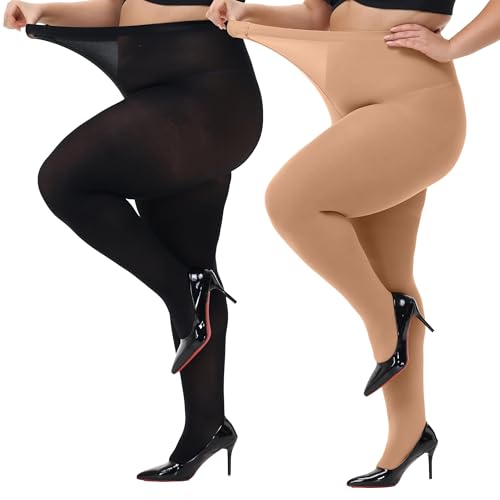HeyUU Damen Strumpfhose Plus Größen hohe Taille halb transparent Schwarz+Hautfarbe 4XL von HeyUU