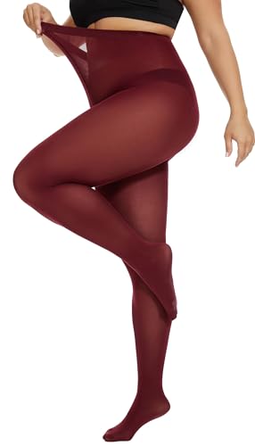HeyUU Damen Strumpfhose Plus Größen hohe Taille halb transparent Weinrot XXL von HeyUU