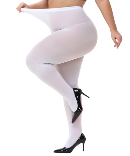 HeyUU Damen Strumpfhose Plus Größen hohe Taille halb transparent Weiß 4XL von HeyUU