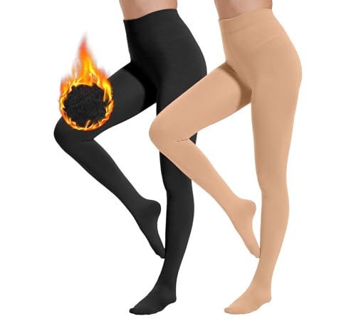 HeyUU Damen Thermo Strumpfhose Plüschstrümpfe Warm Gefütterte Fleece Pantyhose Winter Blickdicht 2X Beige+Schwarz S-M von HeyUU