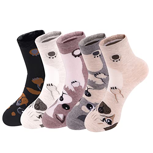 HeyUU Lustige Socken Damen Baumwollsocken Cartoon Kuschelsocken mit bunten Katzengesichtern Mädchen Geschenk 5Paare Hund von HeyUU