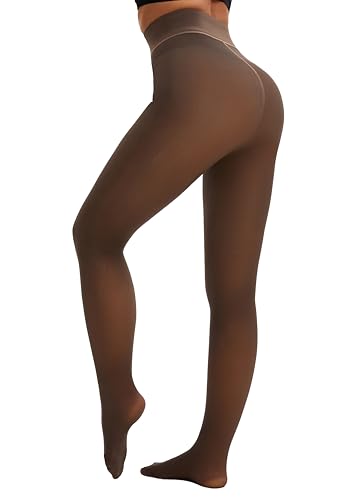 HeyUU Thermostrumpfhosen Damen Wärmende Fleece Strumpfhosen Gefütterte Winter Leggings Warm & Gefälschte Transparenz kaffee L von HeyUU