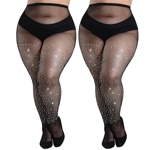 HeyUU Ultra Dichter Strass Netzstrumpfhose Glitzer Strumpfhose Damen Hohe Taille grosse grössen 2x Schwarz 2XL-4XL von HeyUU
